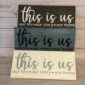 Hanging wood signs 12”X5”.